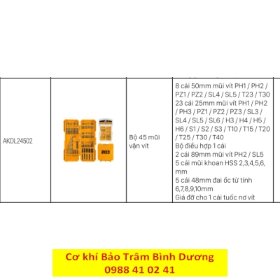 Bộ 45 mũi khoan và vặn vít INGCO AKDL24502 ( Sale online)